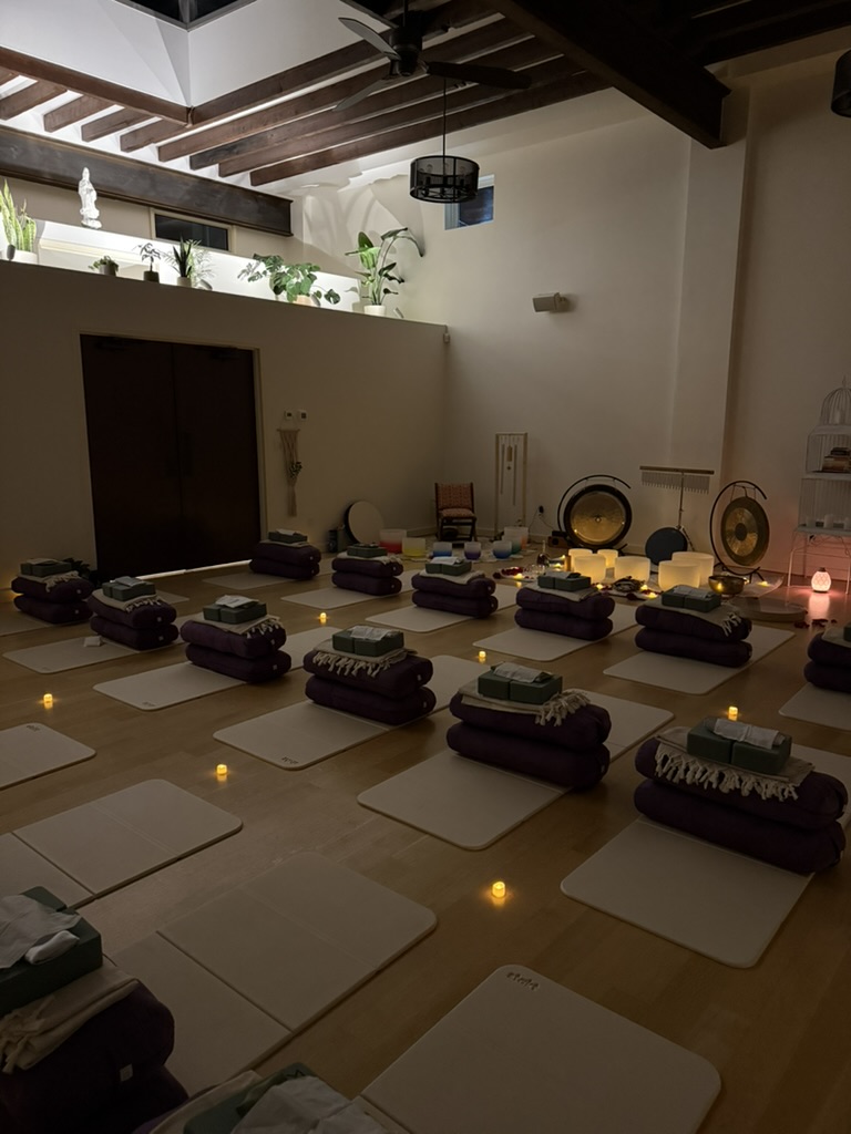 The Sanctuary+Health room prepared with mats, blankets, bolsters and sound instruments